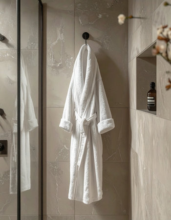 A plush white bathrobe hangs in a serene, minimalist bathroom, waiting to offer warmth and comfort. This quiet moment captures the essence of a peaceful morning routine, a personal spa retreat, and the simple luxury of self-care.の素材