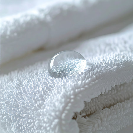 A single, perfect bead of water rests delicately on the surface of a pristine white terrycloth towel, showcasing its hydrophobic properties. The macro detail highlights the clean, soft texture of the fabric, evoking a sense of purity, freshness, and advanced textile technology.の素材