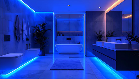 Step into a futuristic sanctuary where technology meets tranquility. Cool blue LED lights trace the clean lines of this modern bathroom, creating a serene, spa-like ambiance perfect for unwinding and escaping the everyday world.の素材