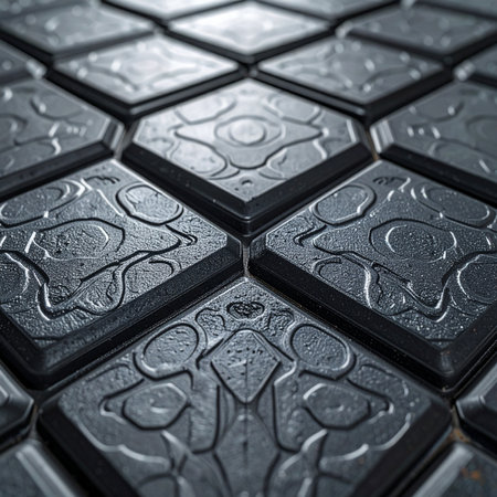 Close-up perspective of an ancient, dark metallic floor. Each tile is embossed with intricate, mysterious patterns, suggesting the floor of a forgotten temple, a fantasy dungeon, or a futuristic alien structure. The dramatic lighting highlights the worn texture and complex design, creating a mood of mystery and timeless power.の素材