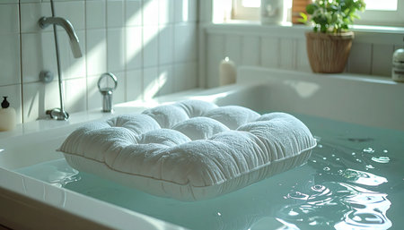 A plush bath pillow floats gently on the waters surface in a sun-drenched bathtub, inviting a moment of pure relaxation and self-care. The warm light streaming through the window creates a serene and peaceful atmosphere, perfect for a home spa day retreat.の素材