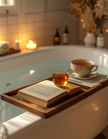 A tranquil evening scene dedicated to self-care and relaxation. A warm, candlelit bath provides the perfect escape, with a good book and a hot cup of tea resting on a wooden caddy. This image embodies the concept of hygge, finding comfort and contentment in simple, quiet moments at home.の素材