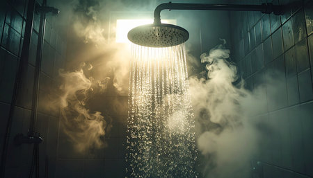 A stream of hot water pours from a shower head, creating billowing clouds of steam that catch the dramatic backlighting. This moody and atmospheric scene evokes a sense of quiet solitude, relaxation, and the simple ritual of cleansing the day away in a private, tranquil space.の素材