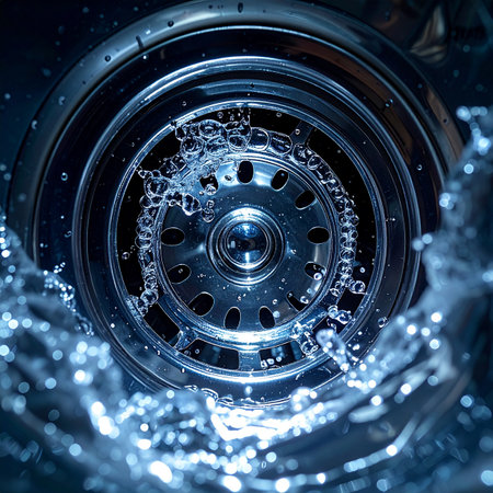 A polished alloy wheel slices through crystal-clear water, creating an explosive and dynamic splash. This high-impact shot captures the essence of power, performance, and pristine cleanliness, perfect for automotive or high-tech concepts.の素材