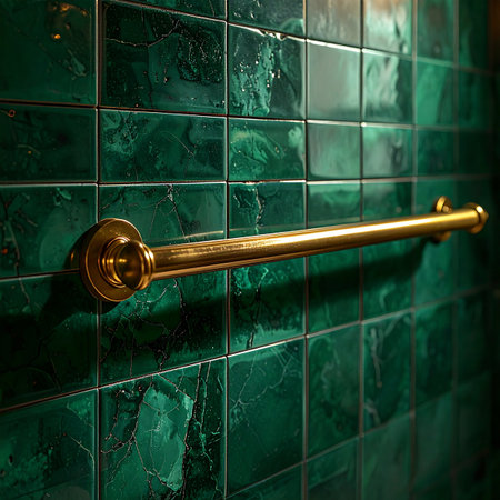 A gleaming brass towel holder is mounted against a backdrop of deep green marble tiles. The dramatic lighting casts elegant shadows, highlighting the fixtures classic design and creating an atmosphere of timeless luxury and sophisticated interior design.の素材
