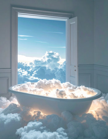 An open door reveals not a hallway, but an endless sky. Inside, a bathtub overflows with luminous clouds, offering a surreal escape into a world of pure imagination and tranquility. This is a portal to peace, a heavenly spa for the mind and soul, inviting one to soak in the serenity of a dream.の素材
