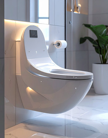 Experience the future of personal hygiene with this state-of-the-art smart toilet. Elegantly wall-mounted in a luxurious, modern bathroom, its ambient lighting and sleek design create a spa-like atmosphere, blending cutting-edge technology with ultimate comfort and cleanliness.の素材