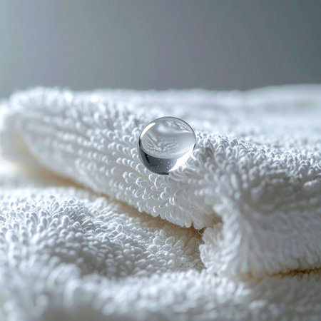 A single, perfect drop of pure liquid rests on a freshly laundered, plush white towel, symbolizing cleanliness, purity, and a moment of tranquil self-care. The soft, minimalist lighting enhances the sense of calm, wellness, and simplicity.の素材