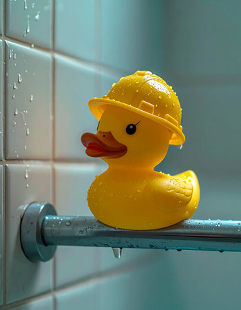 A whimsical yellow rubber duck, equipped with a tiny construction hard hat, sits perched on a wet metal bar in a tiled shower. This playful scene evokes concepts of safety, preparation, and fun, making it a perfect metaphor for home renovation, plumbing projects, or simply adding a touch of humor to bath time and hygiene.の素材