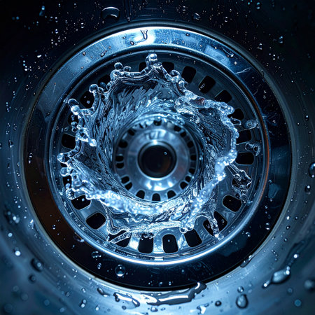 A powerful vortex of clean, blue water erupts in a dynamic splash, captured in a moment of frozen motion. This abstract macro shot transforms a simple stainless steel sink drain into a symbol of energy, purity, and the constant flow of essential resources.の素材