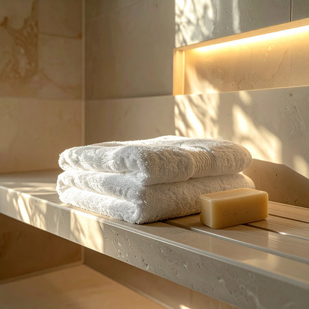 Golden morning sunlight streams into a tranquil spa, illuminating a stack of fresh, fluffy white towels and a natural bar of soap. This serene scene invites a moment of quiet relaxation, self-care, and rejuvenation, promising a peaceful start to the day or a calming escape.の素材