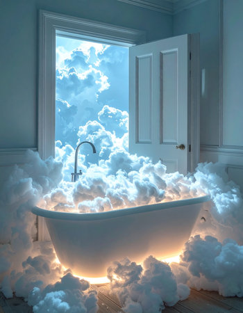Step into a world of pure imagination where the sky pours into a glowing bathtub. This surreal bathroom scene offers a portal to a tranquil dreamscape, inviting a moment of magical escape, relaxation, and otherworldly self-care. The warm light from beneath the clouds creates a cozy and peaceful ambiance.の素材