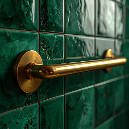 The warm glow of a golden handle contrasts beautifully with the cool, deep green of handcrafted tiles. This interior design detail speaks to a blend of classic style and contemporary luxury, offering both safety and sophistication in a high-end bathroom or spa setting.の素材