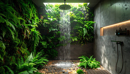 Step into a private sanctuary where modern design meets the untamed beauty of nature. A gentle rain shower cascades from a skylight, nourishing a vibrant vertical garden that transforms a simple bathroom into a luxurious, tranquil spa oasis for ultimate relaxation and rejuvenation.の素材