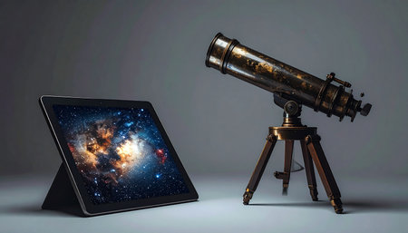 A vintage brass telescope, a symbol of historical exploration, stands beside a modern tablet displaying a vibrant galaxy.の素材
