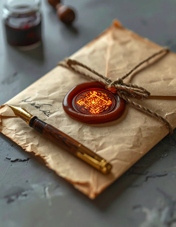 An old, parchment envelope, tied with twine and sealed with a brilliant red wax stamp, holds a message from another time.の素材