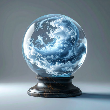 Gaze into the depths of this mystical crystal ball where a turbulent storm of clouds swirls, representing the uncertainty and powerful potential of the future.の素材