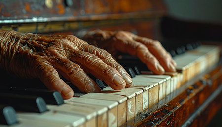 With every press of the worn ivory keys, these aged hands tell a story not just of a melody, but of a lifetime filled with passion, memories, and the enduring power of music.の素材