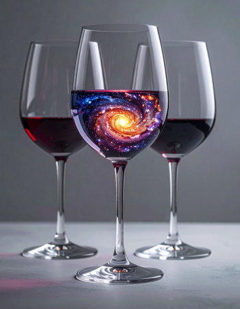 Among ordinary glasses of red wine, one holds an extraordinary secret: a swirling, vibrant galaxy.の素材