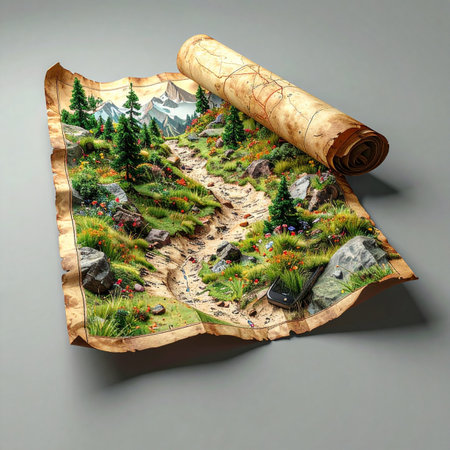 An ancient parchment scroll unrolls to reveal not just a map, but a living, three-dimensional landscape.の素材