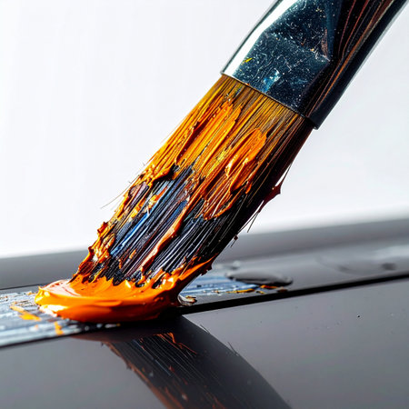 A close-up captures the moment of creation as a paintbrush loaded with thick, vibrant orange paint makes its first mark on a dark surface.の素材