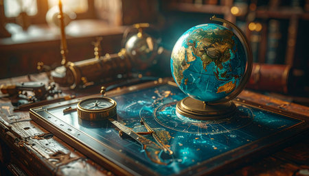 In a quiet, candlelit study filled with the scent of old books and polished wood, a vintage globe and a celestial map await the next great adventure.の素材