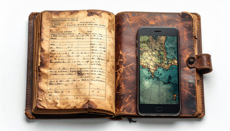 An old, leather-bound manuscript lies open next to a modern smartphone, creating a powerful visual contrast between past and present.の素材