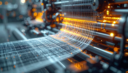 In a state-of-the-art factory, an advanced industrial loom operates with incredible speed and precision.の素材