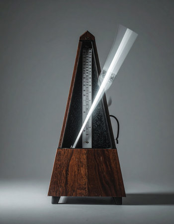 An old wooden metronome swings back and forth, its arm a blur of motion against a simple grey background.の素材
