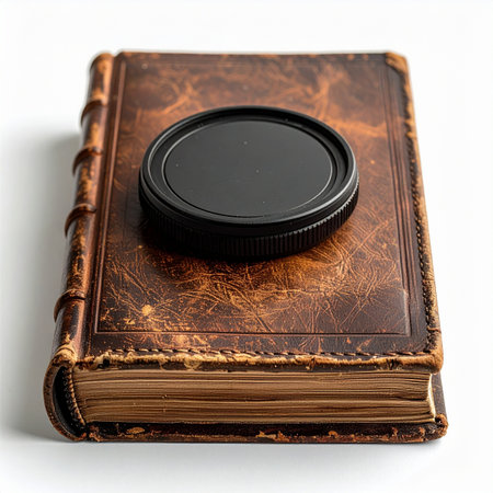 A modern photographer's lens cap rests upon a weathered, antique leather book, symbolizing the intersection of timeless stories and contemporary documentation.の素材