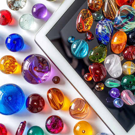 A vibrant collection of handmade glass beads spills across a modern digital tablet, symbolizing the fusion of traditional artistry and online commerce.の素材
