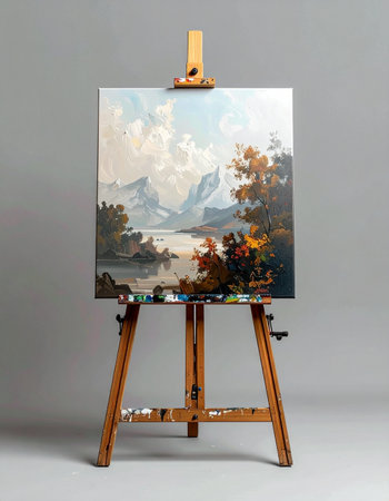 A finished masterpiece, this classic landscape oil painting rests on a wooden easel in an artist's studio.の素材