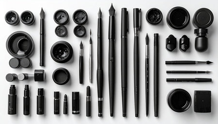 An impeccably organized flat lay of classic black calligraphy and drawing tools on a clean white surface.の素材