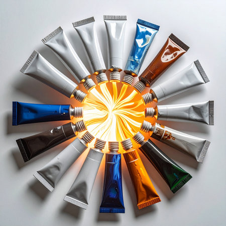 A brilliant spark of inspiration ignites at the center of an artist's palette. Tubes of paint, representing a spectrum of possibilities, radiate outwards, ready to bring a new creative vision to life.の素材