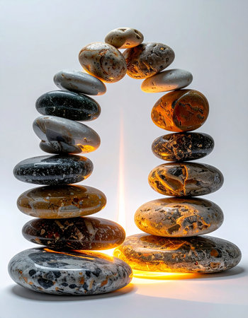 Two pillars of carefully balanced stones rise to meet, forming a perfect arch.の素材