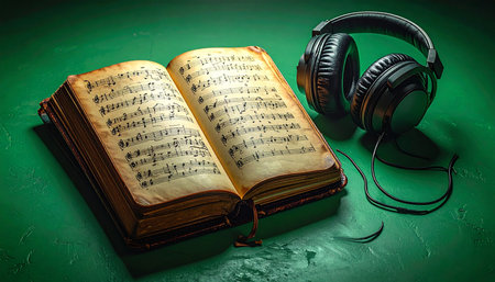 An antique book of sheet music lies open, its aged pages telling a story of timeless compositions.の素材