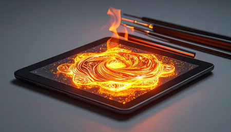 A fusion of classic artistry and modern technology, where creative passion becomes a literal flame.の素材