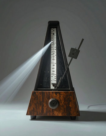 A classic wooden metronome swings relentlessly, its pendulum a blur of motion against a stark background.の素材