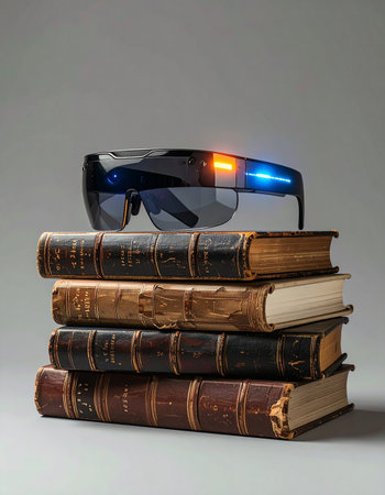 A powerful symbol of progress, where the wisdom of ages, bound in classic tomes, meets the digital frontier.の素材