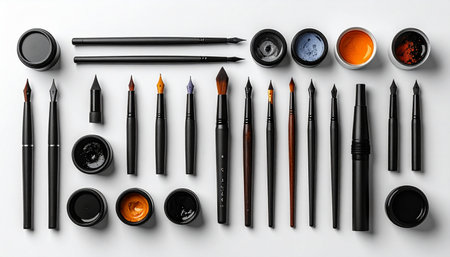 An artist's tools are laid out in perfect order, ready for a new project.の素材