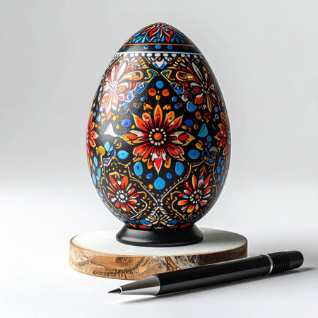 A masterpiece of traditional craftsmanship, this hand-painted egg showcases a stunning floral mosaic design.の素材