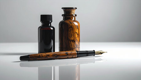 A classic fountain pen rests beside bottles of rich ink, ready to capture thoughts, sign important documents, or craft a personal letter.の素材
