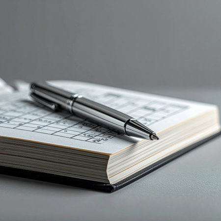 A sleek silver pen lies across an open ledger, paused during a moment of careful financial review.の素材
