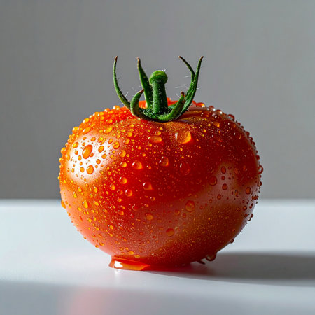 A single, perfectly ripe red tomato sits in the spotlight, its vibrant skin glistening with fresh water droplets.の素材