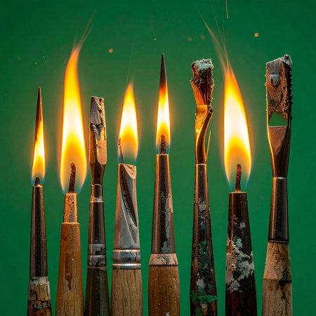 A row of artist's paintbrushes, the very tools of creation, are consumed by flames against a stark green background.の素材