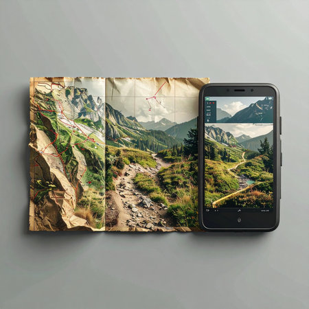 Bridging generations of exploration, a classic crumpled paper map lies beside a modern smartphone displaying the same vibrant landscape.の素材