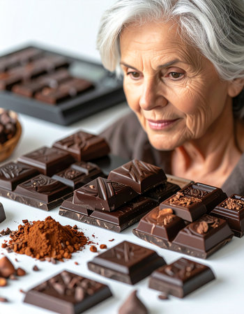 With a lifetime of experience, a discerning senior woman carefully examines a selection of fine, artisanal dark chocolates.の素材