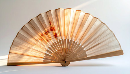 A traditional Asian hand fan rests in a pool of warm, glowing backlight, highlighting its delicate paper construction and elegant wooden ribs.の素材