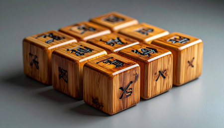 Polished wooden blocks, each marked with a distinct Japanese Kanji character, are arranged in a grid, ready for a game of intellect and strategy.の素材