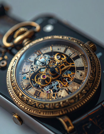 A beautifully crafted antique skeleton pocket watch reveals its intricate inner workings.の素材